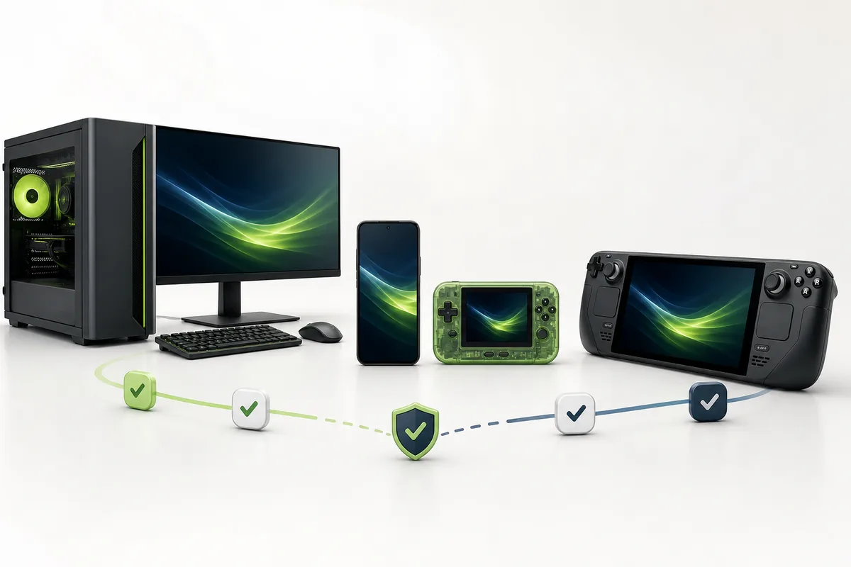 Editorial illustration of a desktop PC, Android phone, and handheld PC connected by compatibility checks