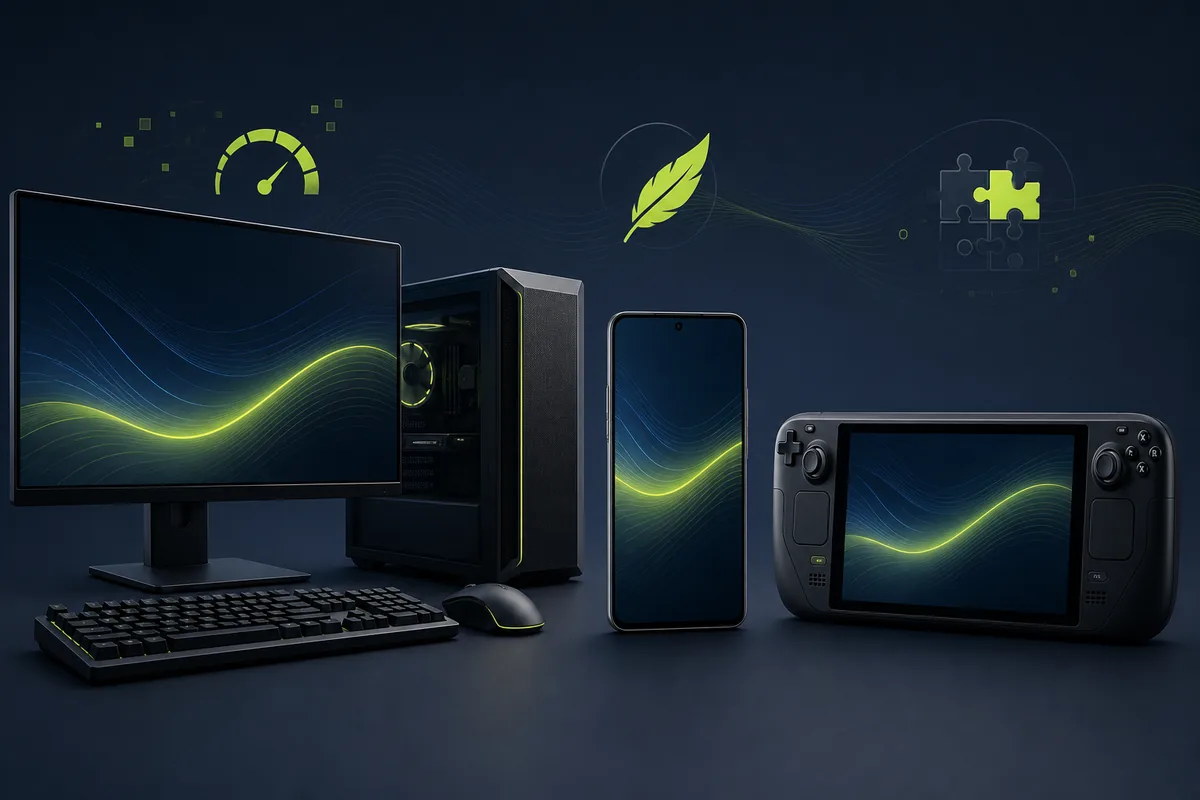 Editorial comparison illustration showing a Windows desktop, Android phone, and handheld PC