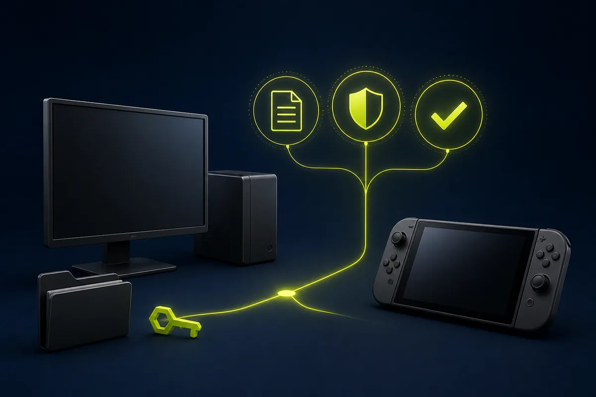 Illustration of a computer and handheld connected to source, security, and verification symbols