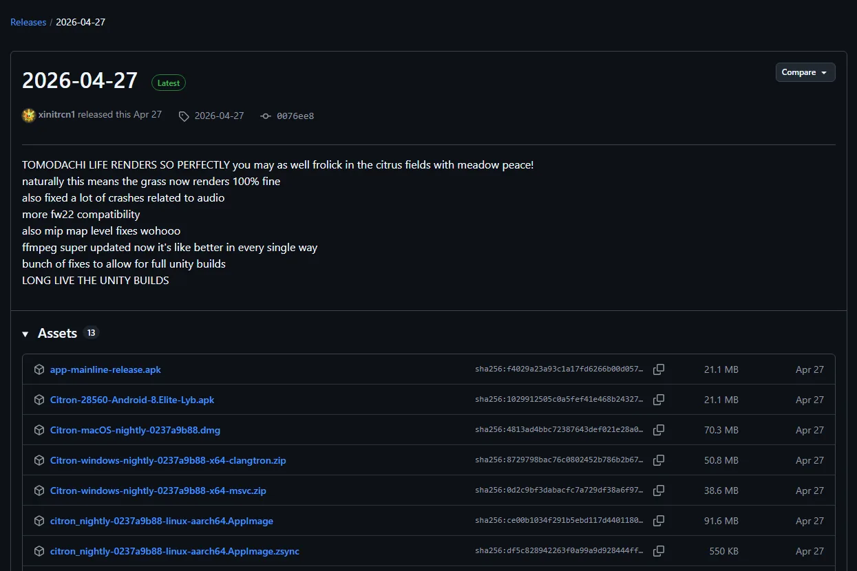 Assets oficiais do Citron no GitHub com ZIP Clangtron e MSVC para Windows
