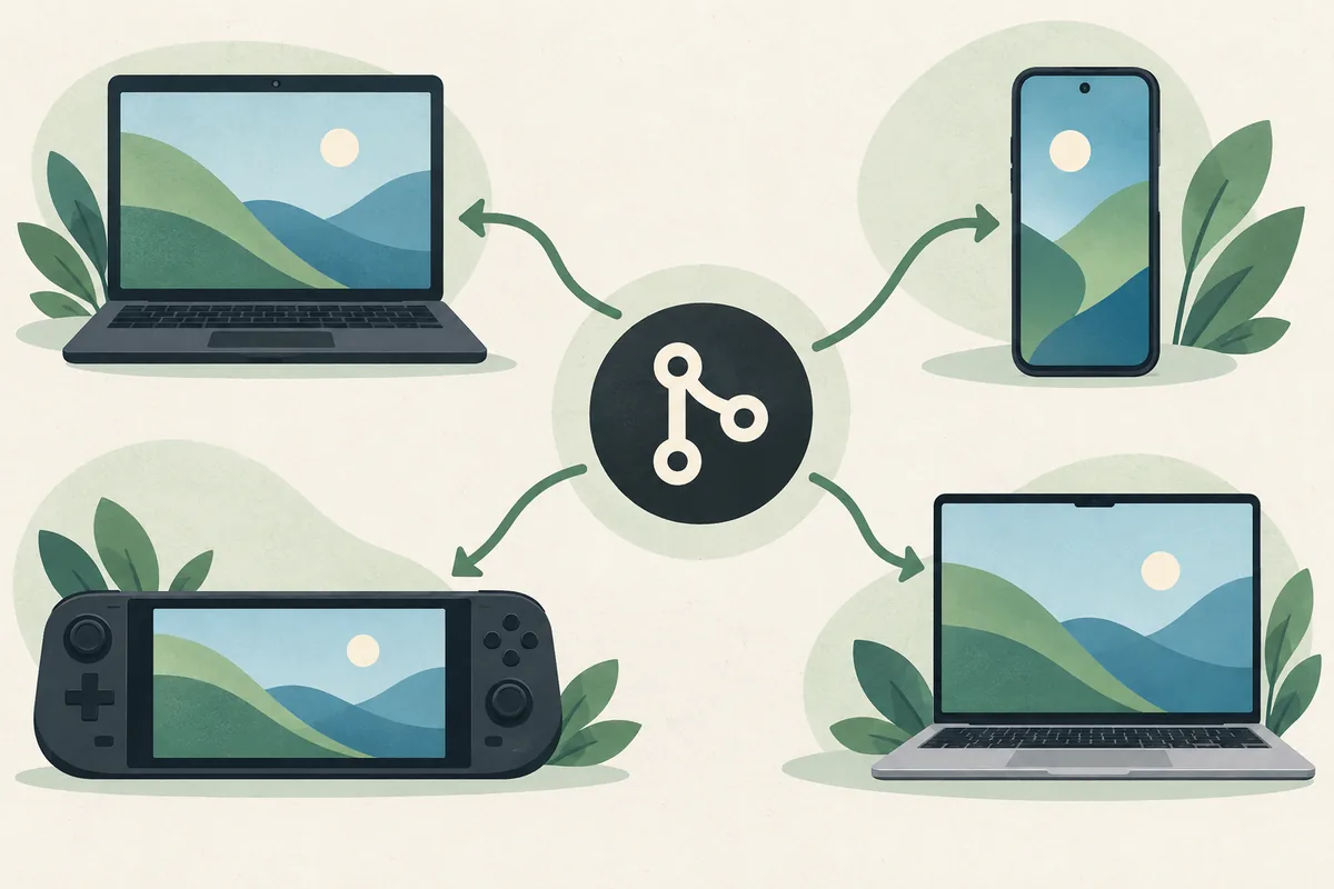 Editorial illustration of a repository source connected to laptop, phone, handheld, and desktop builds