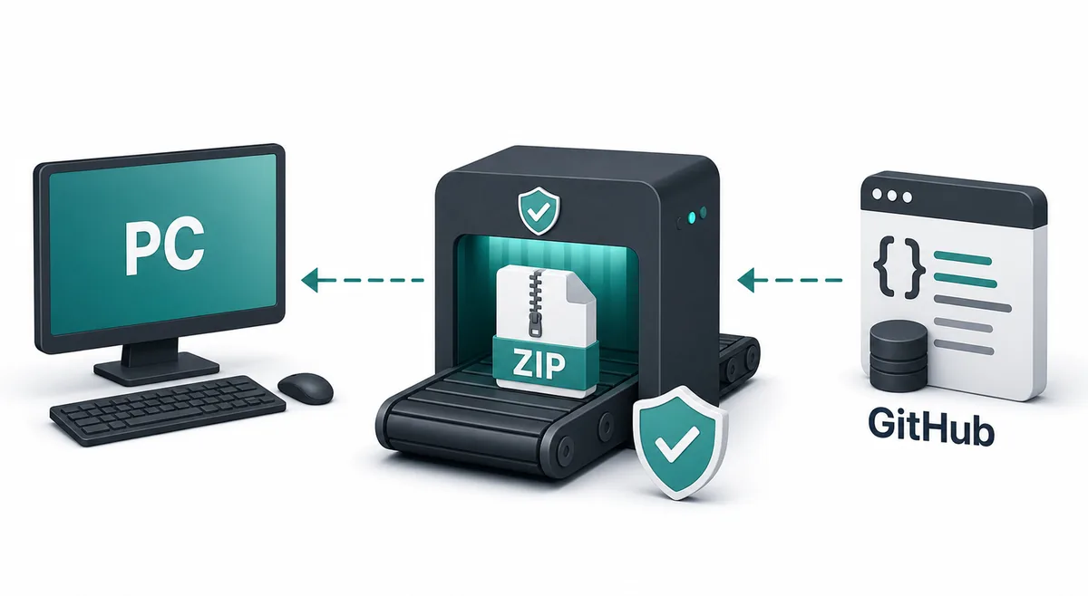 Illustrazione editoriale di un download ZIP Citron emulator per PC Windows verificato su GitHub