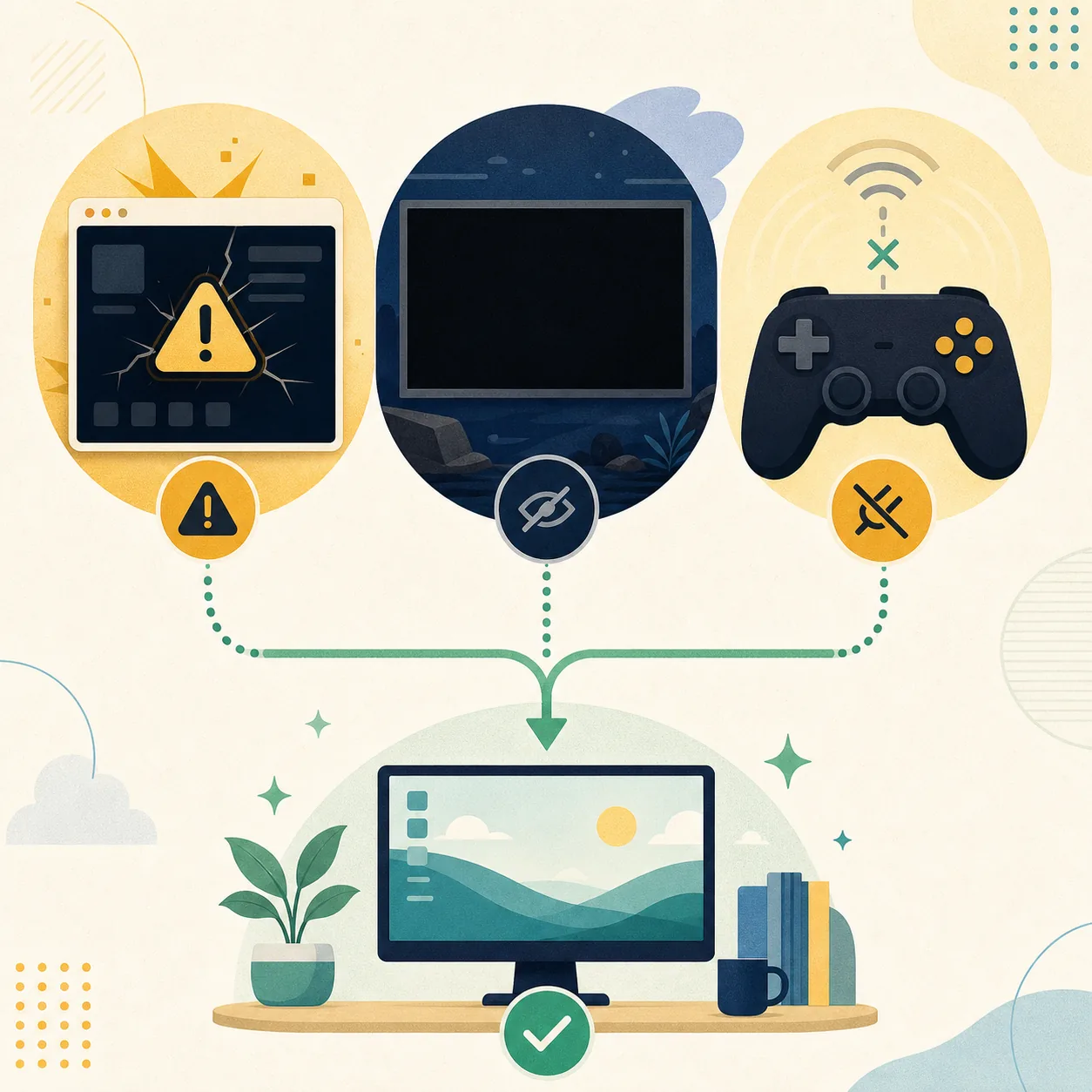 Editorial comparison illustration showing crash, black-screen, controller, and recovered desktop symptoms