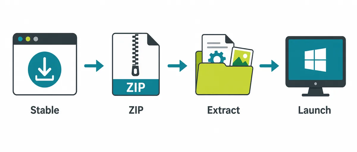 Flusso editoriale con release stabile, ZIP, estrazione e avvio Windows