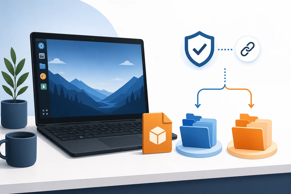 LinuxノートPC、AppImageパッケージ、検証シールド、stableとnightlyの分離フォルダーを描いた編集用イラスト