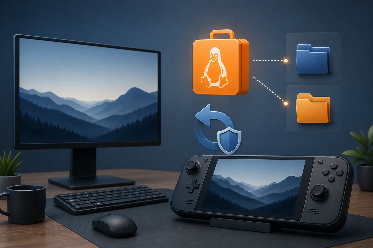 Linuxデスクトップ、携帯ゲーム機、AppImage、stableとnightlyのフォルダー、ロールバックシールドの編集用イラスト