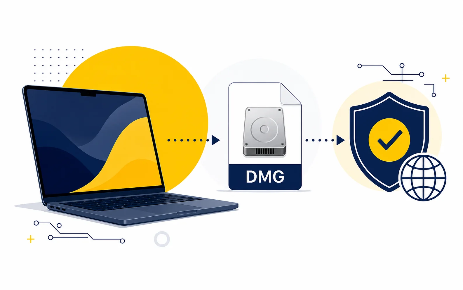 Editorial illustration of a Mac laptop, a DMG disk image, and a verified download shield