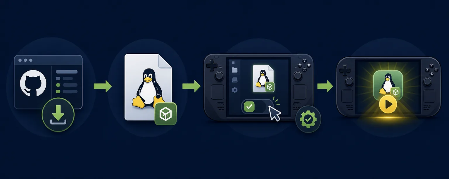 GitHubからのダウンロード、Linux AppImageへの実行権限付与、Steam DeckのGame Mode起動までを示すエディトリアル図