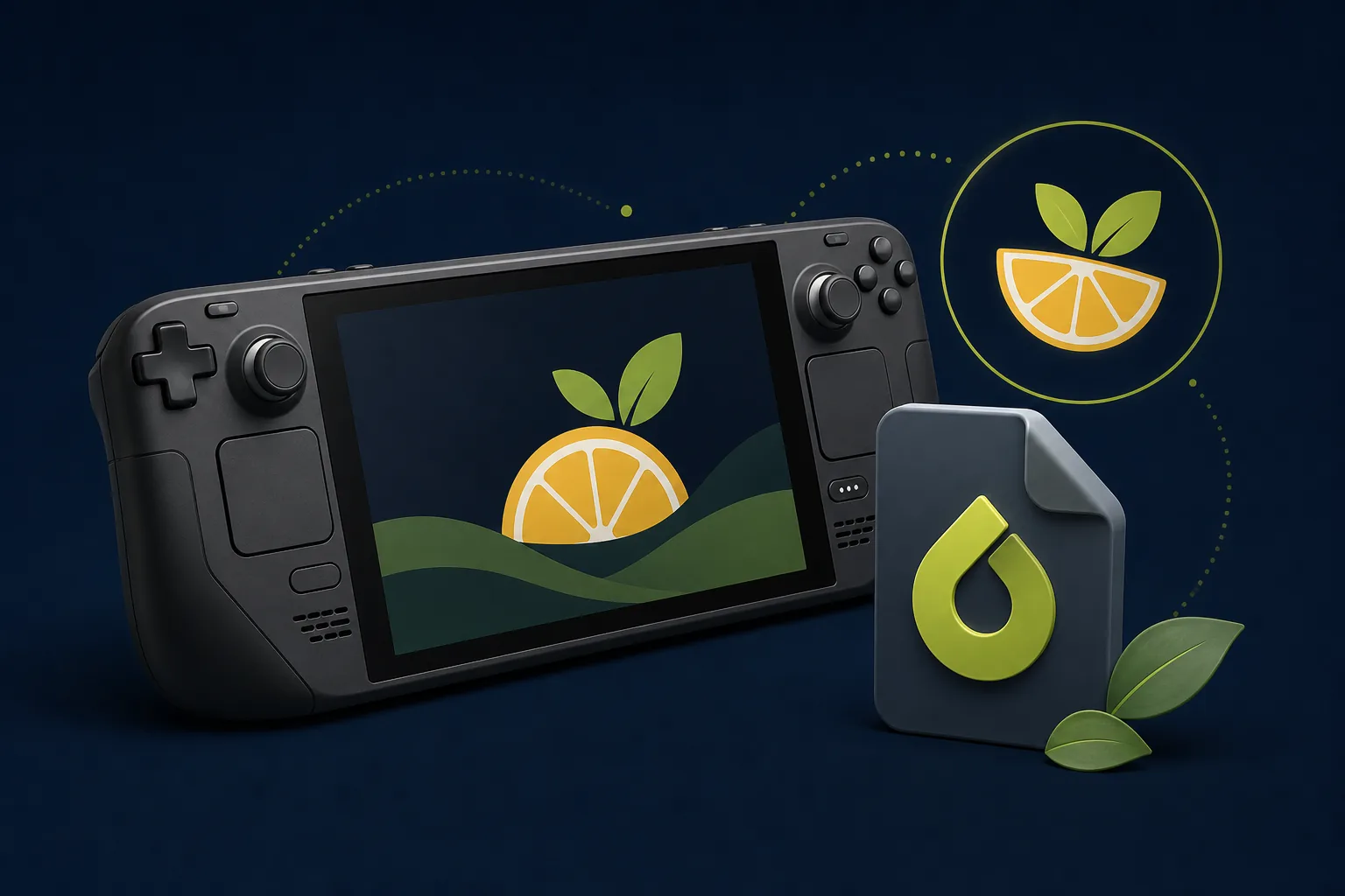 Steam DeckでCitron Emulatorを導入する様子を表現したエディトリアルイラスト