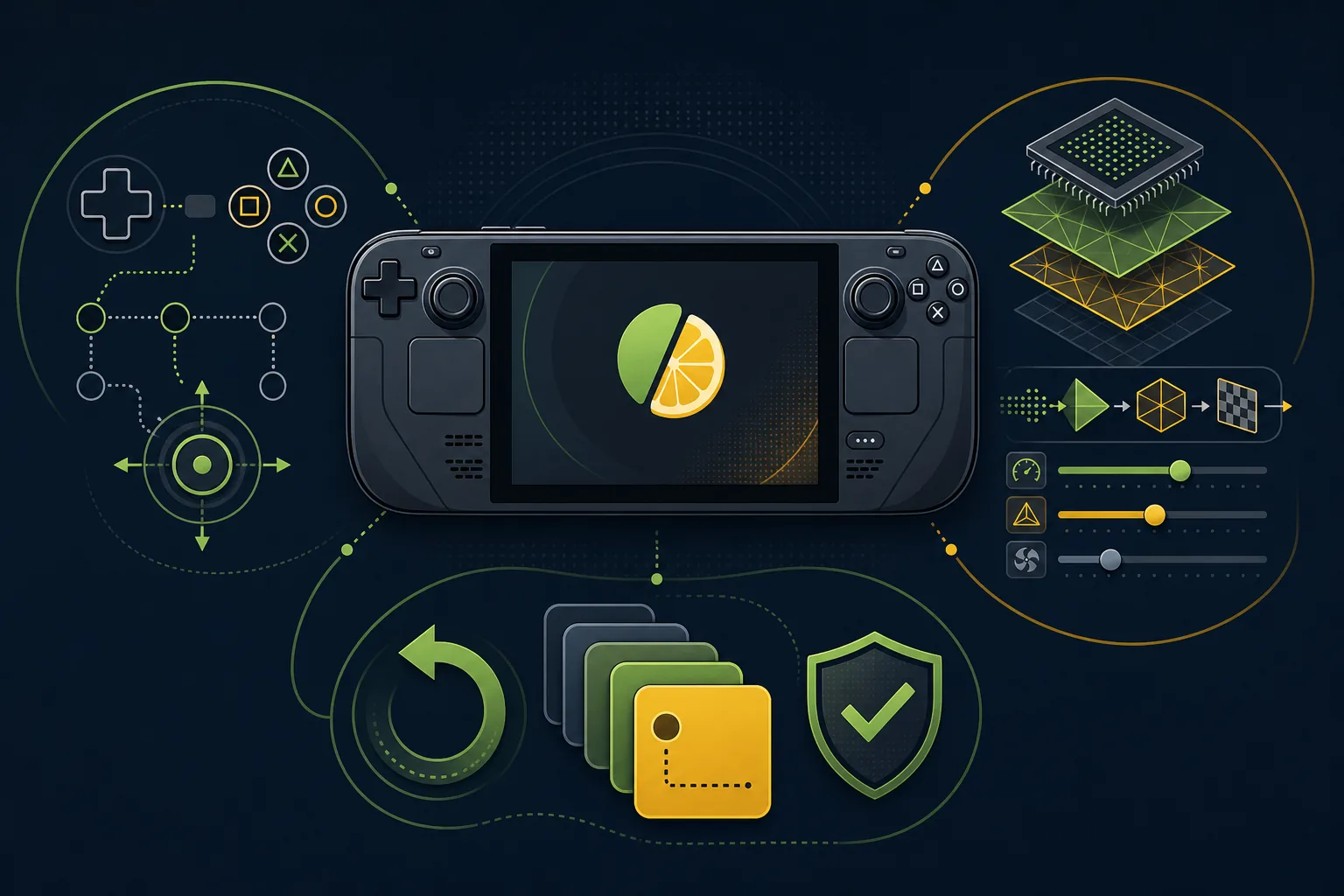 コントローラーマッピング、Vulkan調整、安全なロールバックを示すCitron Steam Deck向けエディトリアル図